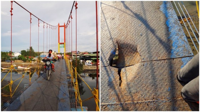 crossing hanging bridge, hanging bridge holes, oncomimg motorbikes, motorcycles, Sablayan, Occidental Mindoro, Philippines,