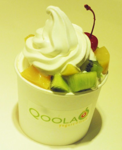 Frozen yogurt and fruit toppings (kiwi, mango, cherry) at Qoola yogurt + fruit, Greenbelt 2, Makati, Philippines