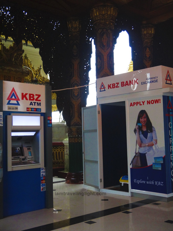 atm machine, international atm withdrawal, kyat, shwedagon pagoda, yangon, myanmar
