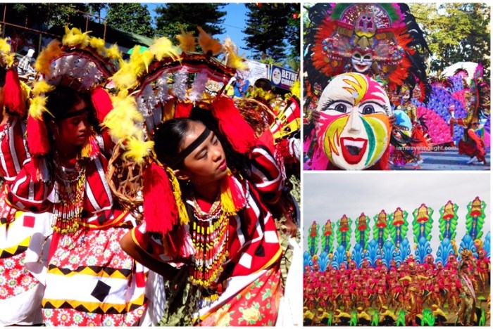 (Clockwise from left) Kaamulan Festival in Bukidnon, Masskara Festival in Bacolod, Pintados-Kasadyaan Festival in Tacloban, Leyte