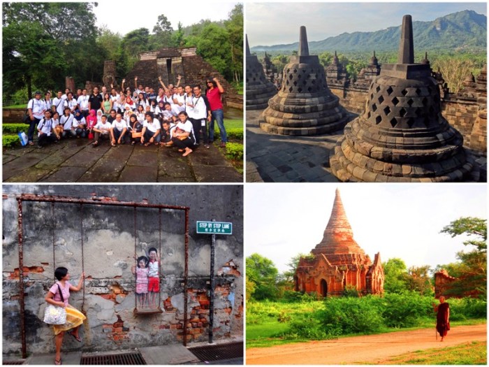 (Clockwise from left) Sukhu temple, Solo, Indonesia ASEAN Bloggers Conference, Borobodur temple Jogjakarta, Bagan, Myanmar temple, monk, Penang street art