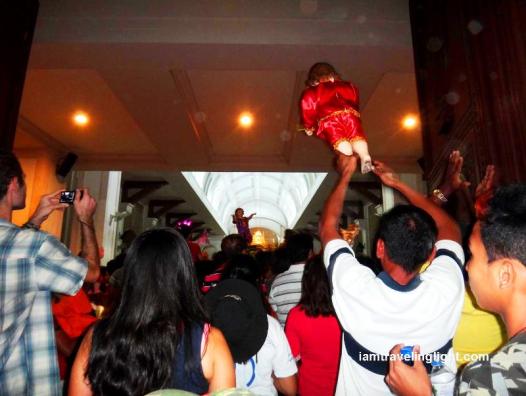 Kalibo Ati-atihan Festival 2014 procession, parade to the church, cathedral, carrying Sto. Niño (Holy Infant Jesus) to the cathedral