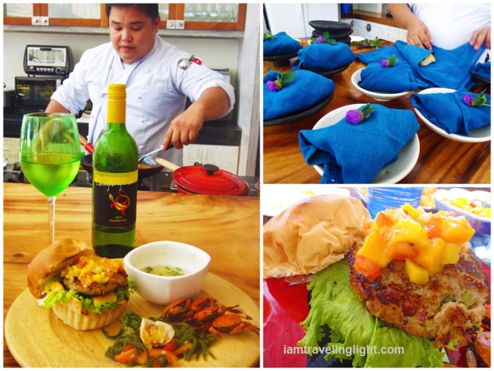 chef, pandesal bread wrapped cotton keep heat, flower topping, yellowfin tuna burger, mango chutney, lunch, white wine, Zambawood Resort, luxury resort, advocacy resort, La Paz, San Narciso, Zambale