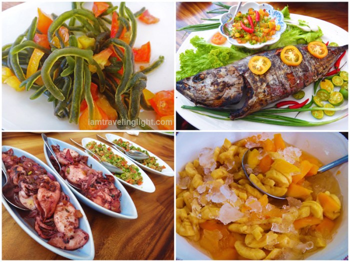 fresh natural organic food, seaweed salad, tanigue fish, squid, eggplant, mangoes, bananas,  Zambawood Resort, luxury resort, advocacy resort, La Paz, San Narciso, Zamba