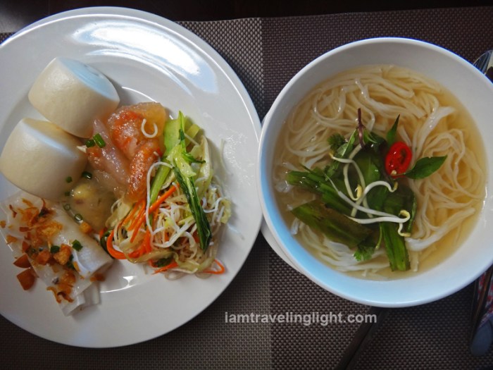 pho, white rose dumpling, and other traditional vietnamese food, buffet breakfast, moonlight hotel, hue, luxury hotel