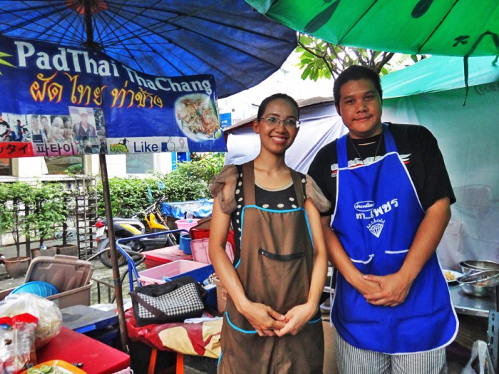 Maneerust Phongprom (Bill), cook and owner of Pad Thai Tha Chang, serving the best pad thai in Bangkok, and her boyfriend, Poom