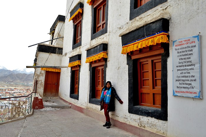 Spituk Gompa, monastery, wise sayings from Dalai Lama, Tibetan Buddhism, view of Leh town, Ladakh, mountains, Himalayas, landscape, India